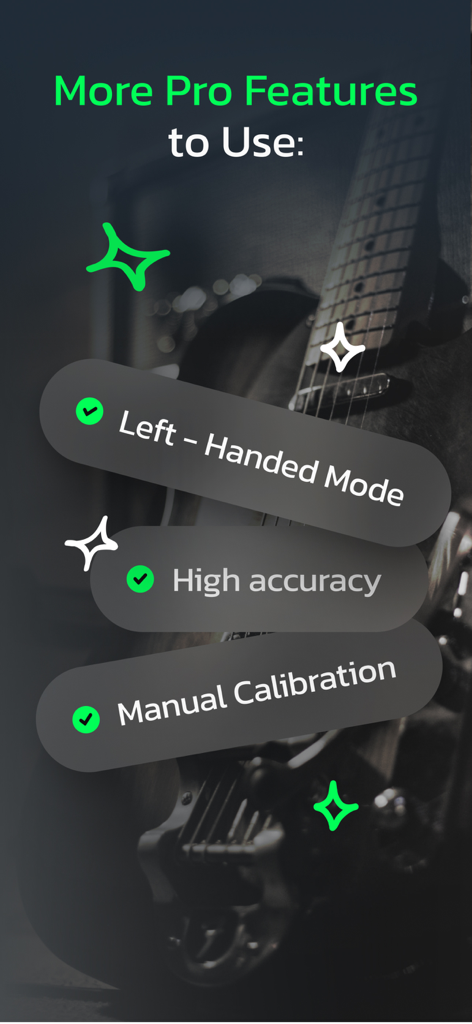 Guitar Tuner - Stringo - Écran de l'application d'accordage de guitare Stringo présentant des fonctionnalités professionnelles telles que le mode gaucher, une haute précision et un calibrage manuel.