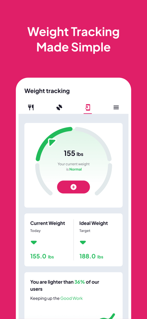 Ein Handy-App-Bildschirm von xForFit, der das Gewichtsverfolgungs-Dashboard mit aktuellem Gewicht und Fortschritten in Richtung eines Ziels zeigt.