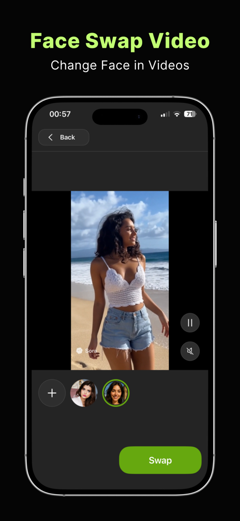 FaceSwap - AI Face Swap Video - Interface d'application mobile montrant les fonctionnalités d'échange de visages pour un clip vidéo d'une femme sur une plage.
