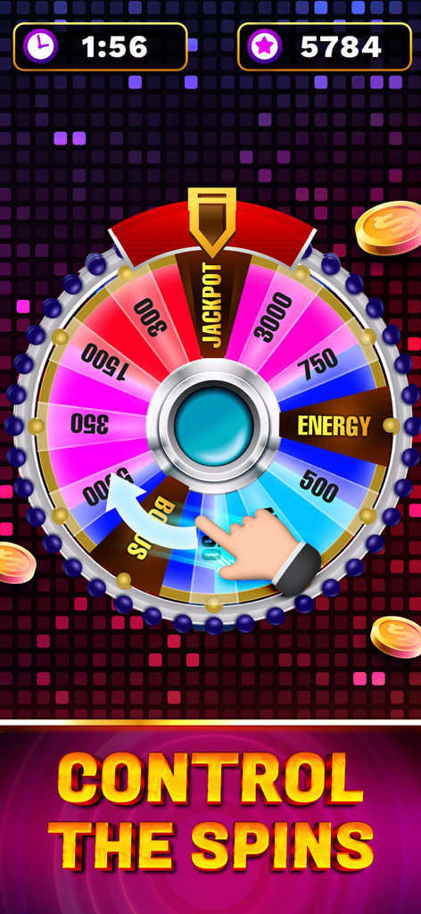 A hand interacting with a colorful prize wheel in the Spin Wheel Blitz mobile game showing the control the spins message.