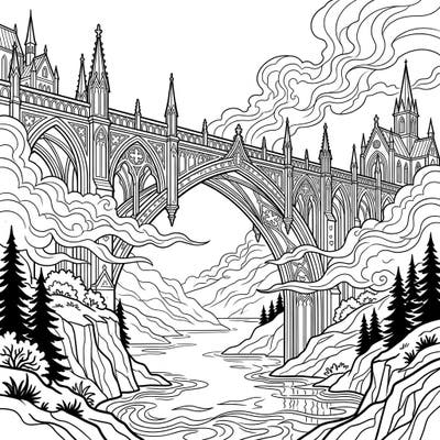 Discover the captivating beauty of a grand Gothic bridge shrouded in an ethereal mist, waiting for your creative touch. This intricate design invites you to bring its majestic architecture and dramatic landscape to life with color.