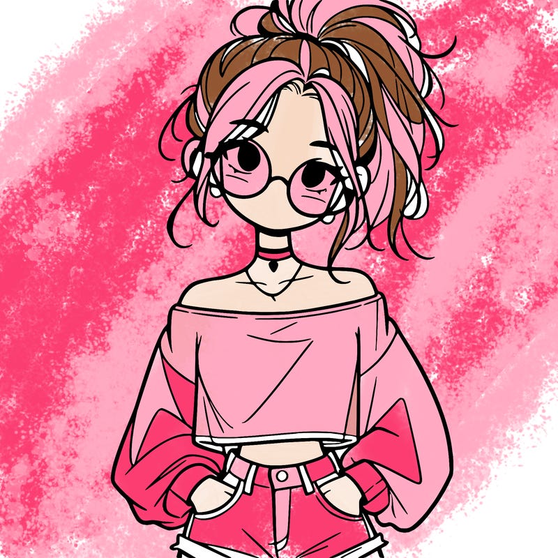 girl with a messy ponytail glasses a baggy crop top and jean shorts