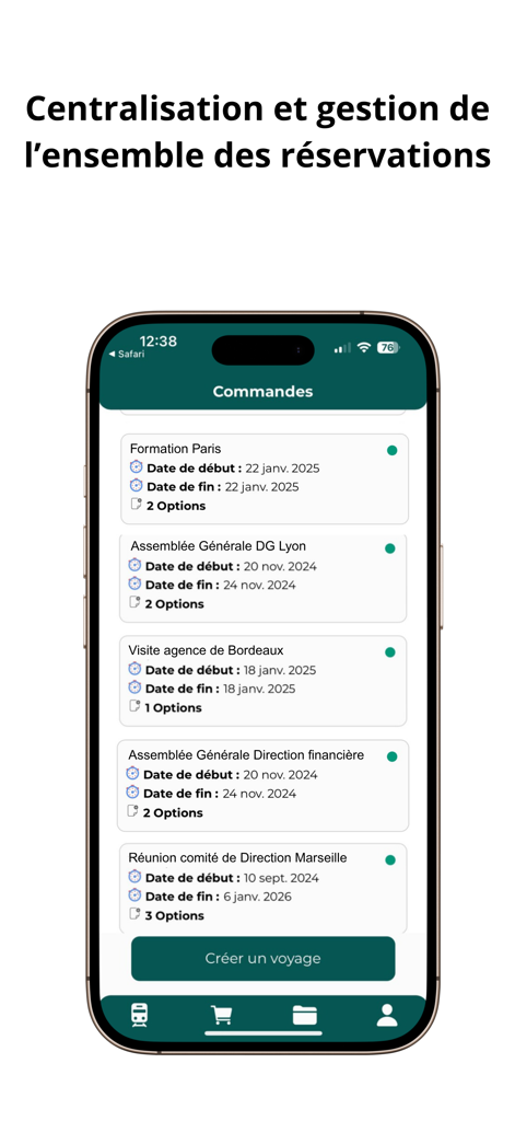 Interfaz de la aplicación Portail Entreprises que muestra una lista de reservas de viajes corporativos y un botón para crear un nuevo viaje