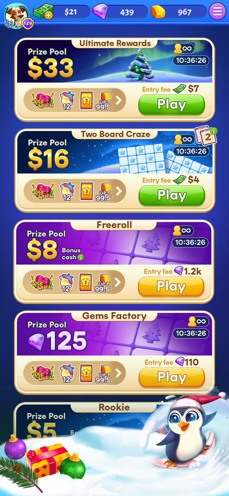 Menu de l'application Bingo Cash montrant plusieurs options de tournois avec différents cagnottes et frais d'inscription