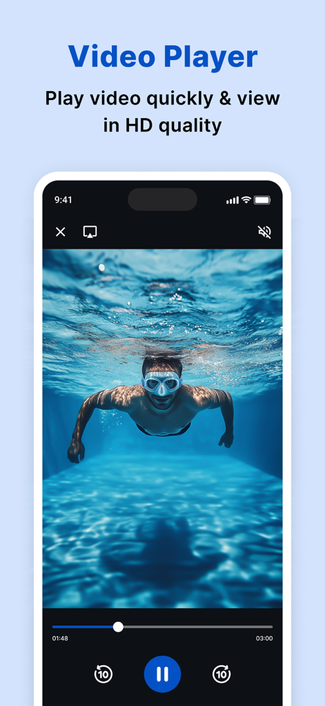 Interface du lecteur vidéo HD intégré d'ES File Explorer montrant une personne nageant sous l'eau.