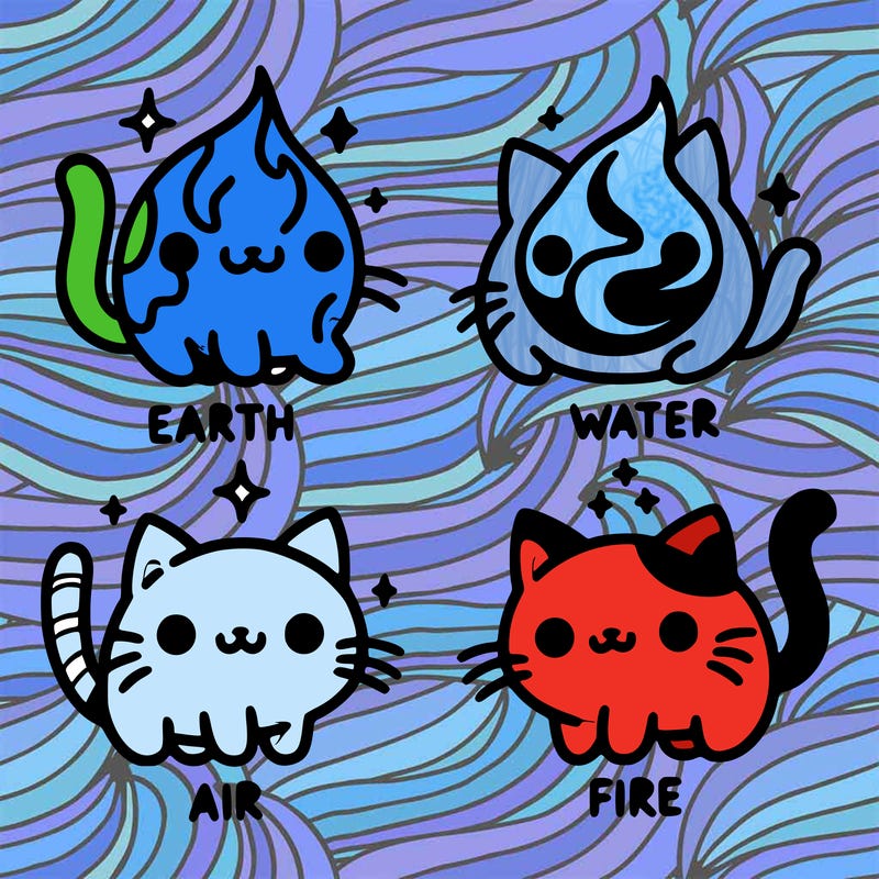 4 cats that represent the different elements, earth, water, air, and fire