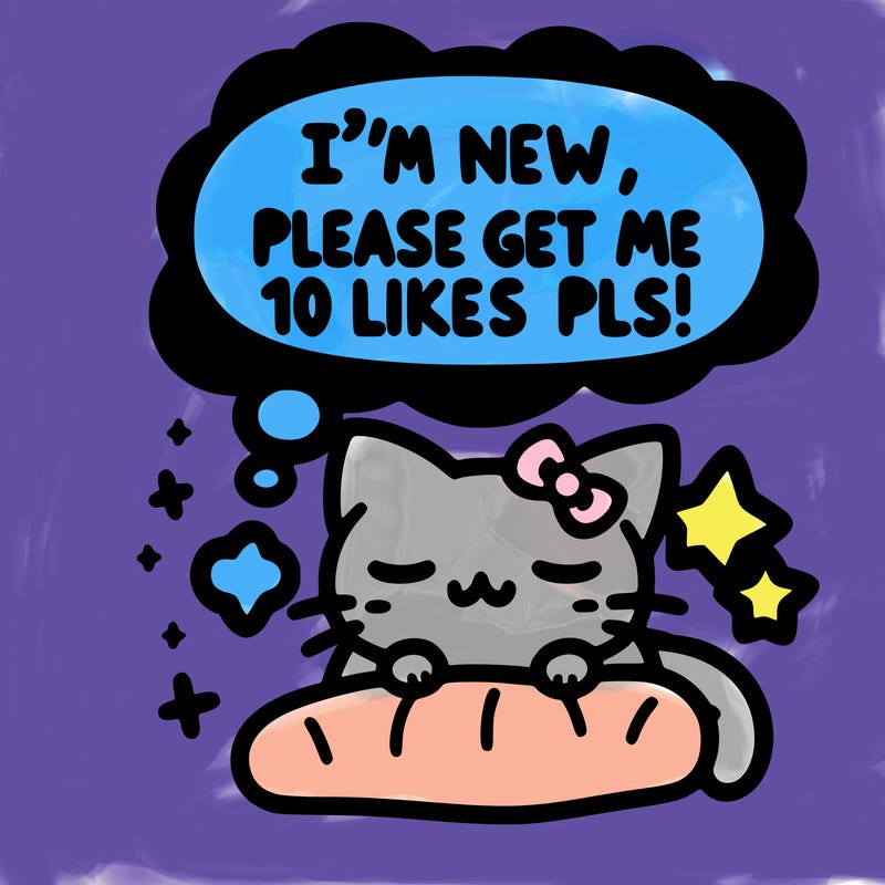 kitty taking a nap dream talking and saying "i'm new, please get me at least 10 likes pls!!"
