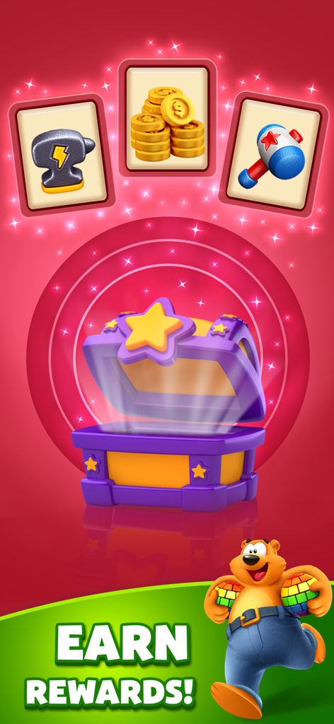 A Toon Blast reward screen featuring an open treasure chest with gold coins and game boosters