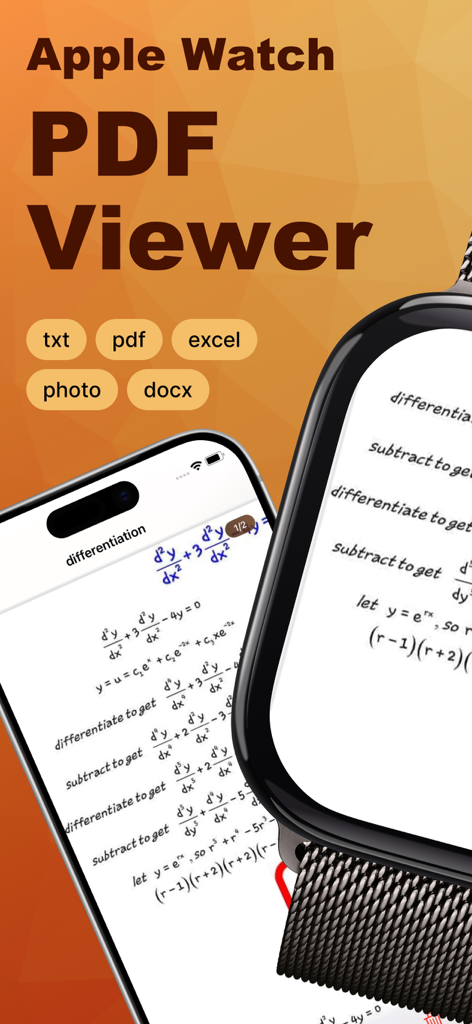 PDF Watch Viewer App by Watchy - Apple Watch and iPhone displaying a PDF document with math notes using the Watchy app.