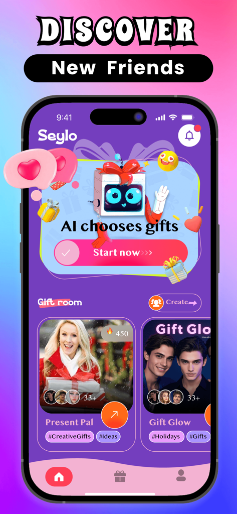 SeyYu：Live Chat & Meet - Interfaz de la aplicación móvil SeyYu que muestra salas de regalos sociales y la función de elección de regalos por IA para conocer nuevos amigos.