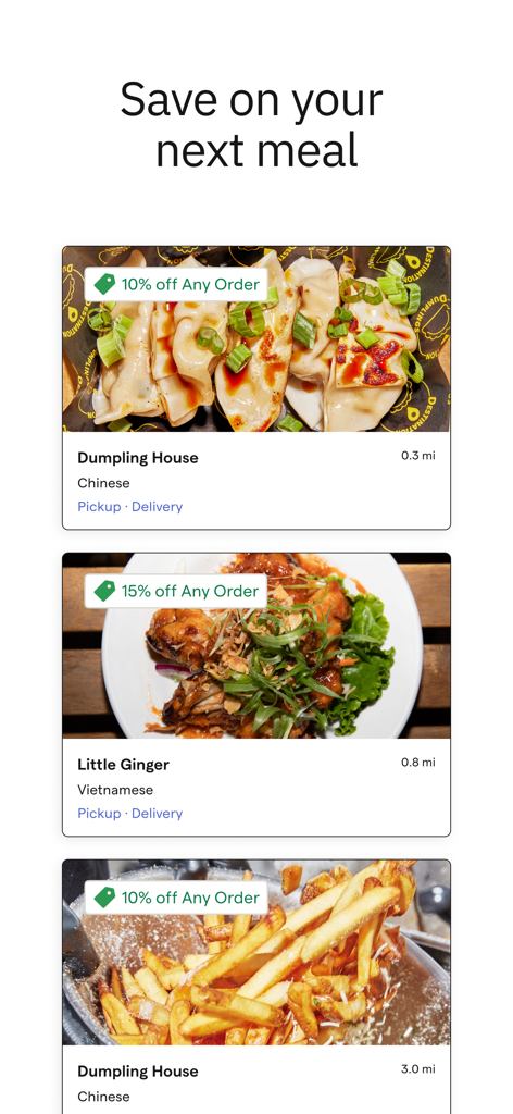 ChowNow app interface showing various local restaurant listings with discounts for pickup and delivery.