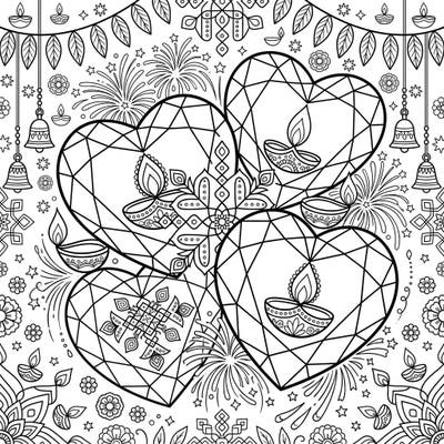 Illuminate your creativity with this festive Diwali coloring page. Discover dazzling gemstone hearts filled with radiant Diyas and intricate patterns, perfect for celebrating the festival of lights.