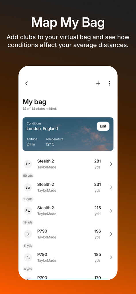Trackman Golf app screen showing average distances for various golf clubs under specific weather conditions