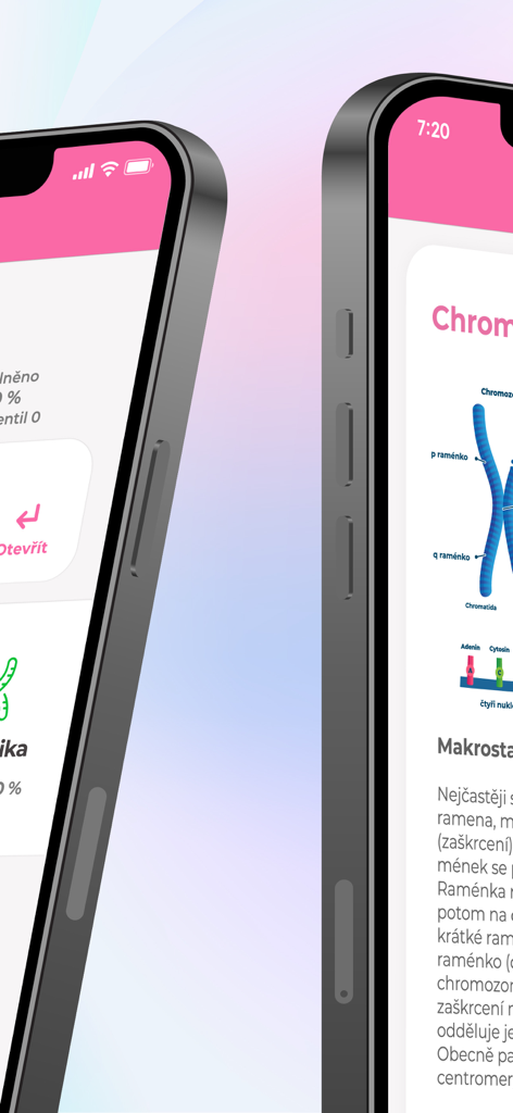 Dos iPhones mostrando la interfaz de la aplicación Cerebro con una lección de biología sobre cromosomas y un panel de progreso.