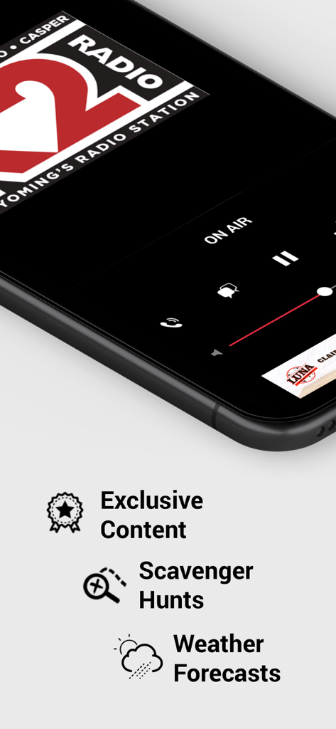 K2 Radio app interface showing the live player and feature highlights for exclusive content scavenger hunts and weather forecasts