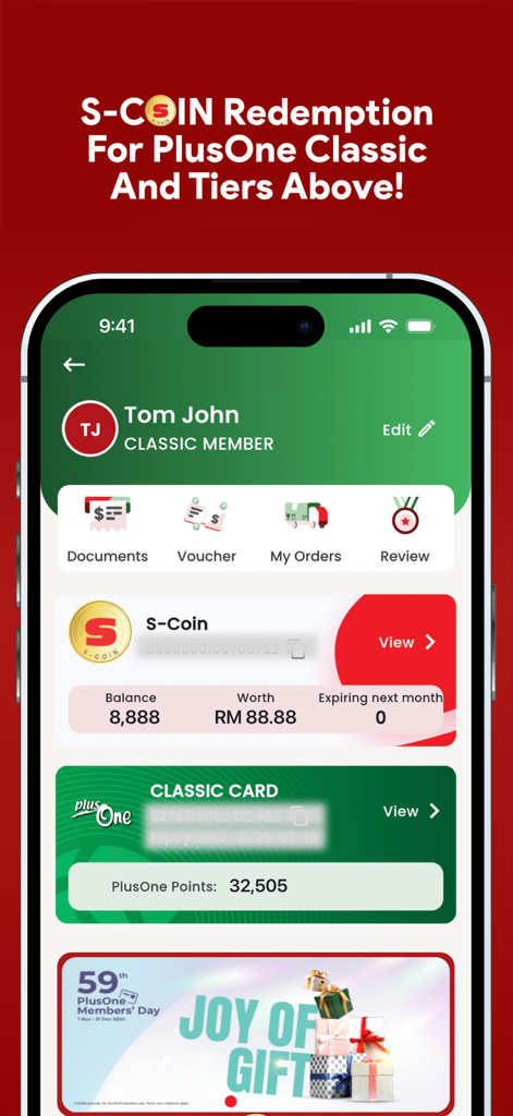 Senheng: Electronics & More - A user profile screen in the Senheng app showing S-Coin rewards balance and PlusOne membership points.