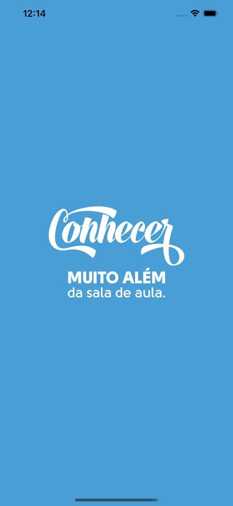 Tela de introdução do aplicativo Forma Conhecer com logotipo e slogan em fundo azul