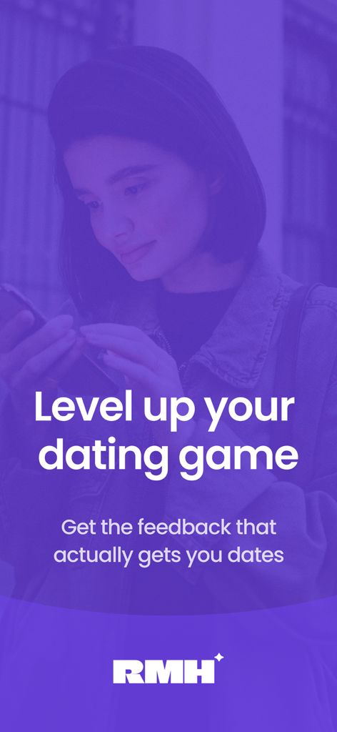 Review My Hinge - A woman using her phone with text overlaying that says Level up your dating game and the RMH logo