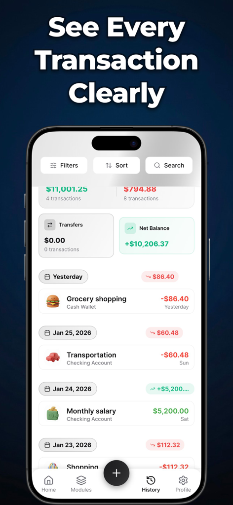Expense Tracker & Budget - Gli - Glipo app transaction history screen showing a clear list of daily expenses and income with icons.