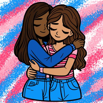 two teenage girls hugging