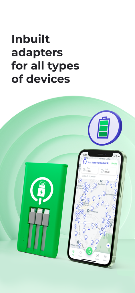 Power bank with built-in connectors and a smartphone app showing charging locations