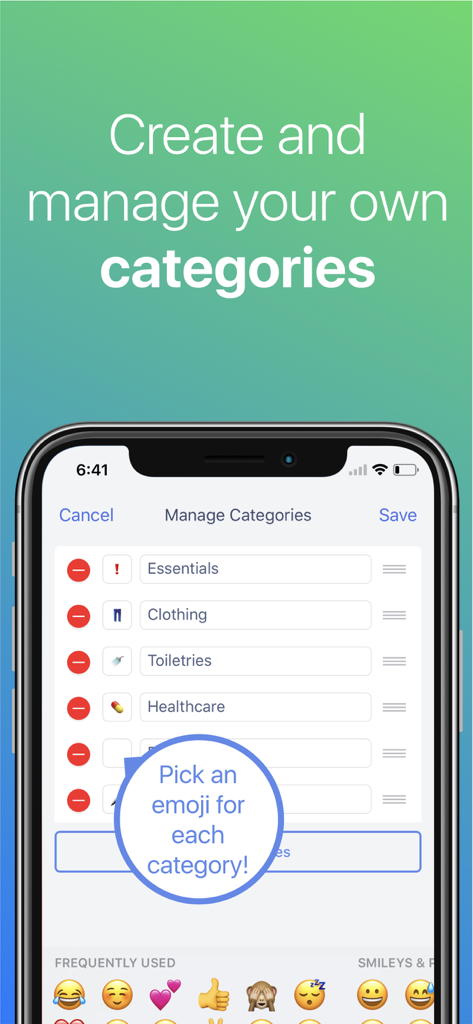 A screen showing how to manage categories and pick emojis for a travel packing list