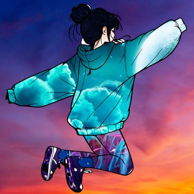 realistic girl jumping with a bun and oversized sweatshirt