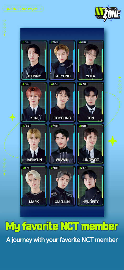 NCT ZONE - A grid of portrait cards featuring various members of the K-pop group NCT in the NCT ZONE mobile game selection menu.