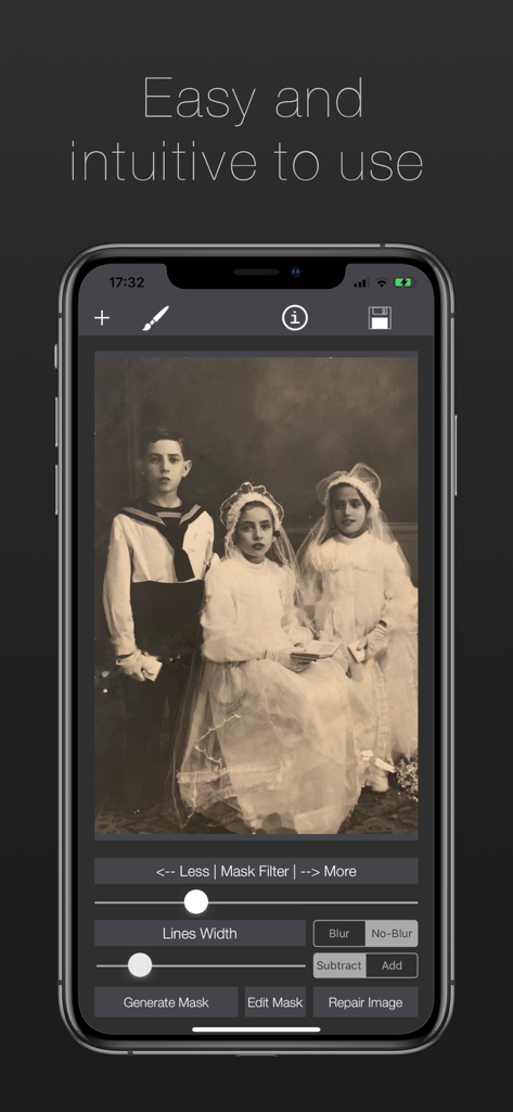 Damaged Photo Restore & Repair - Damaged Photo Restore app interface showing manual repair tools for an old family portrait