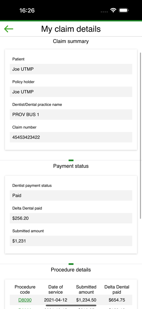 A screenshot of the Delta Dental mobile app displaying a detailed claim summary including payment status and procedure information