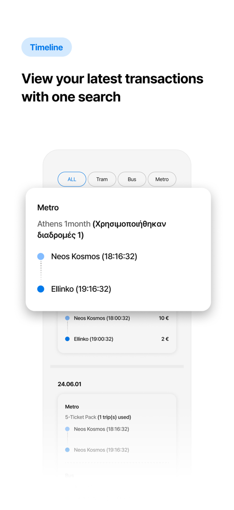 ATH.ENA GO - Captura de ecrã da aplicação ATH.ENA GO mostrando um histórico de transações recentes de metro e autocarro em Atenas
