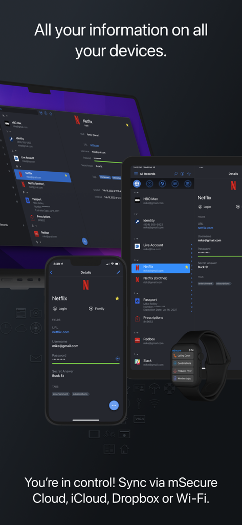 mSecure password manager showing data synced across a laptop tablet smartphone and smartwatch