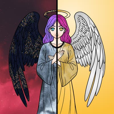 an anime angel with a vertical line through the middle