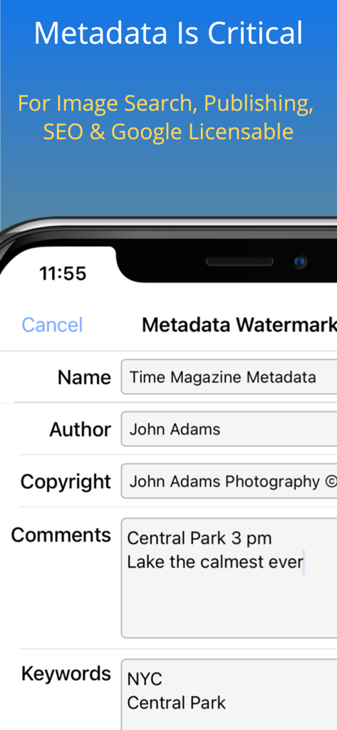 iWatermark+ Watermark Add Logo - iWatermark app interface showing metadata watermark settings for author copyright and keywords for image SEO