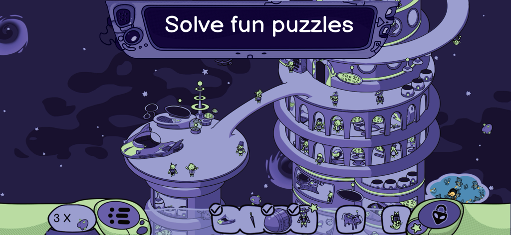Looking for Aliens - A purple hand-drawn hidden object puzzle scene with alien characters and a list of items to find