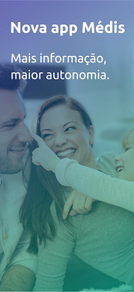 Uma família feliz na tela de boas-vindas do novo aplicativo de saúde Medis