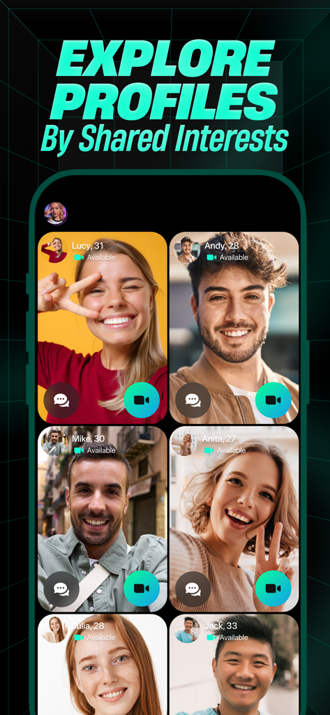 Lowins - Live Video Chat - User profiles interface in the Lowins app showing people available for live video chat