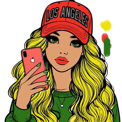 realistic beautiful girl wearing los ángeles cap holding an iphone