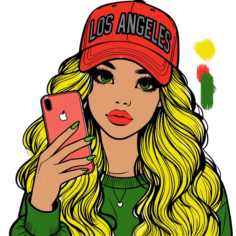 realistic beautiful girl wearing los ángeles cap holding an iphone