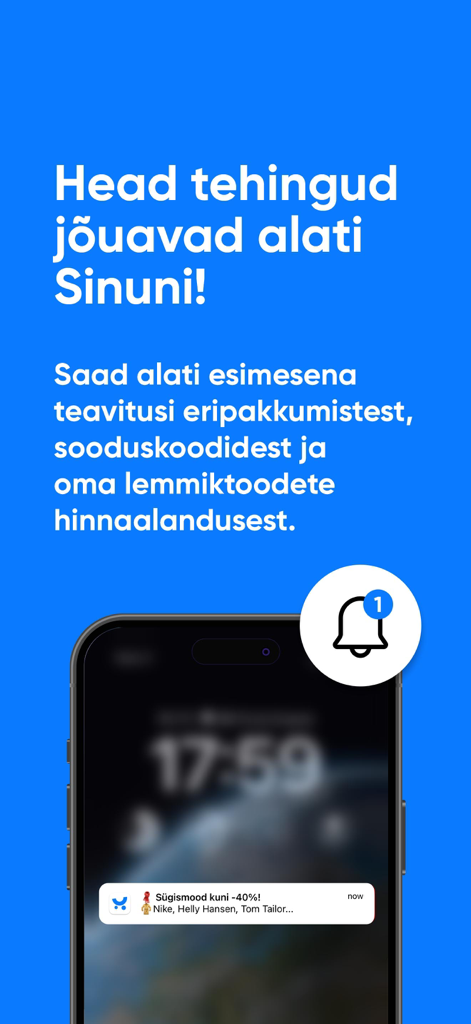Kaup24.ee Mobiilne e-pood - Kaup24 mobile app promotional screen highlighting push notifications for discounts and special deals.