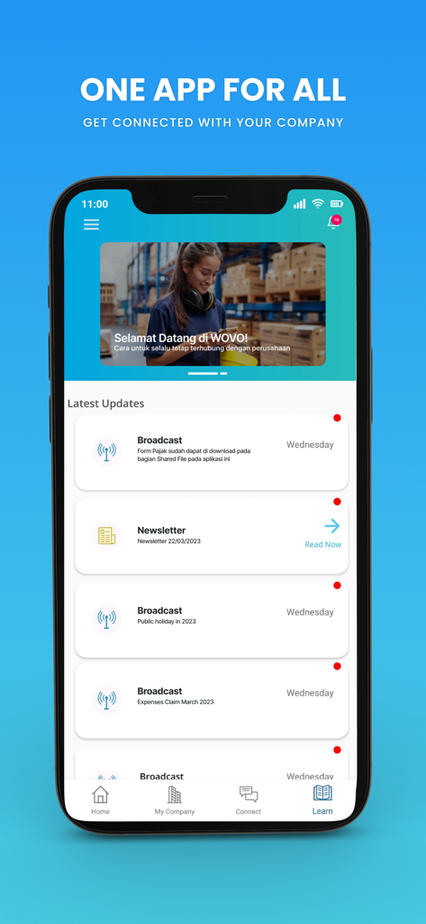 WOVO - WOVO mobile app screen showing company updates broadcasts and newsletters for frontline workers