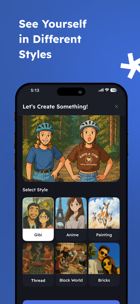 Snaptoon app interface displaying various AI cartoon and anime styles.