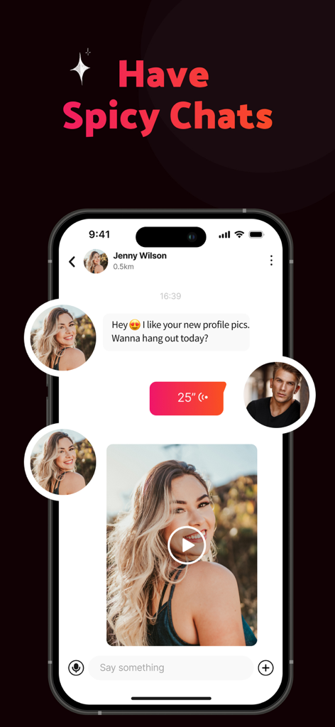 Cougar Dating App - CougarD - A smartphone showing a chat conversation and the text Have Spicy Chats from the CougarD dating app.