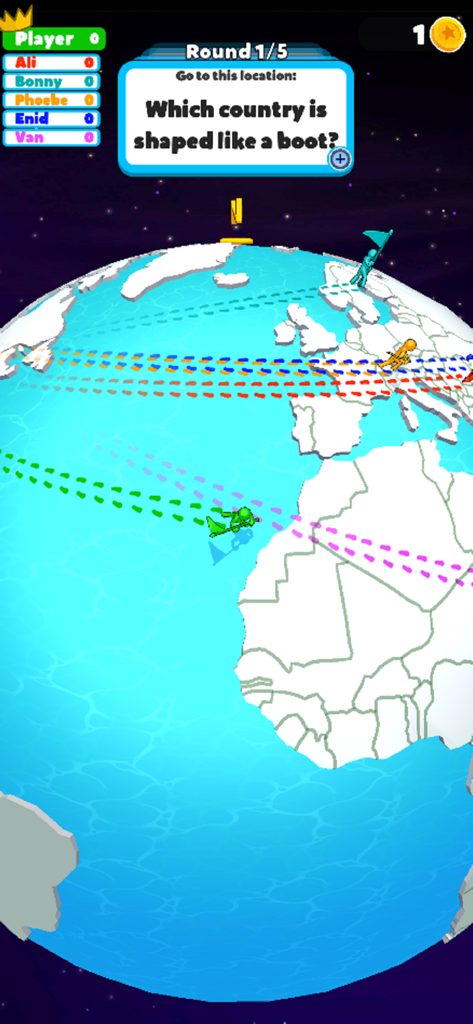 Trivia Planet! - A geography quiz question in the Trivia Planet app asking which country is shaped like a boot over a 3D world globe.