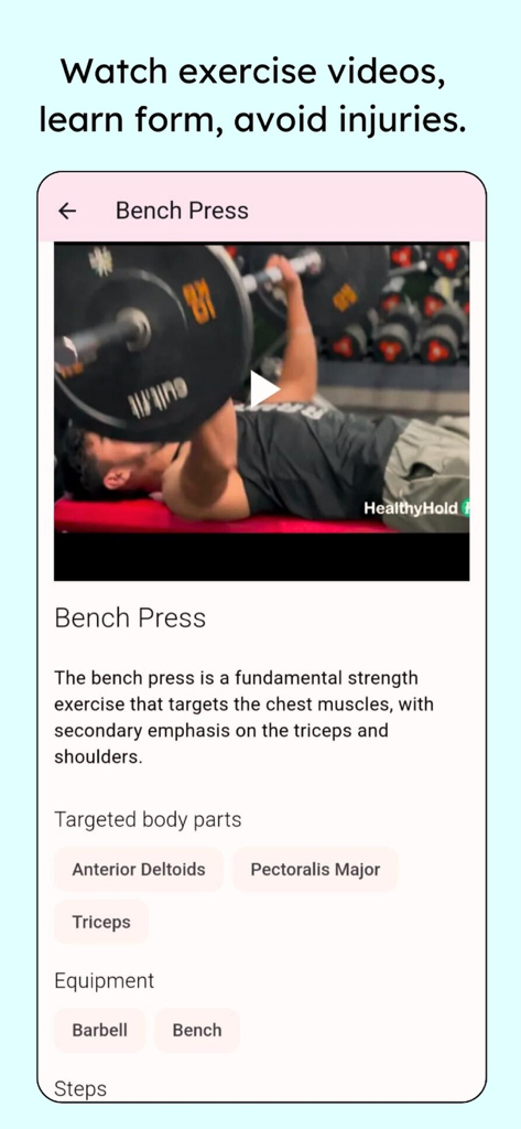 Healthyhold - Aplicativo HealthyHold exibindo um tutorial em vídeo de supino com músculos alvo e detalhes do equipamento