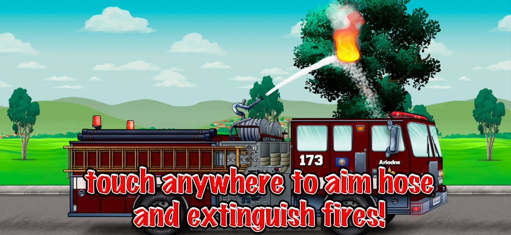 Fire Truck! - A red fire truck spraying water to extinguish a fire in a tree in a watercolor style illustration