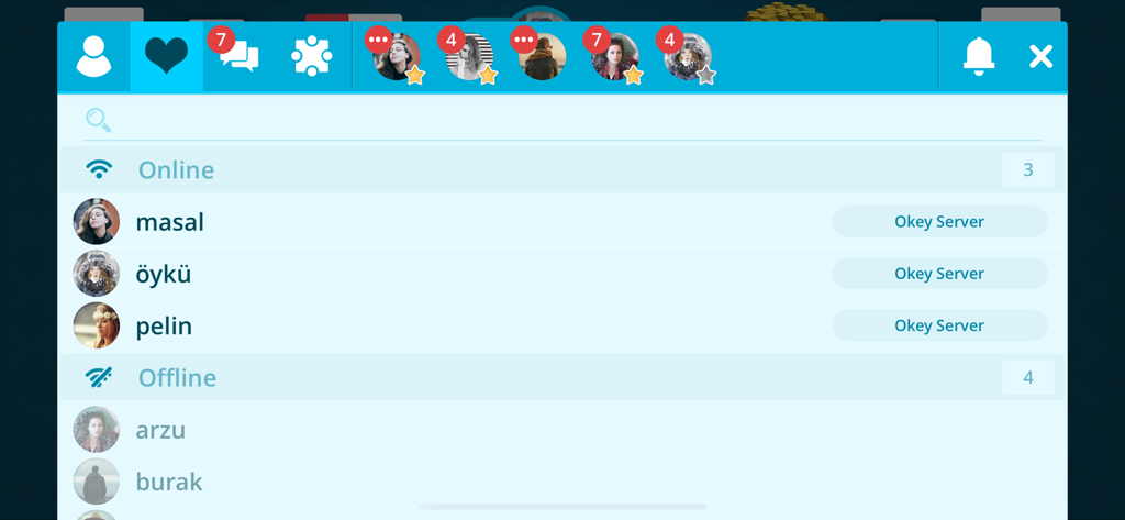 Social menu of the Okey Online app showing a list of online and offline friends with their nicknames.