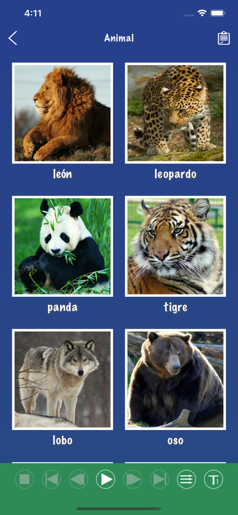 Spanish Word: Basic Vocabulary - ライオン、ヒョウ、パンダ、トラの対応する写真と共に動物の名前を表示しているスペイン語学習画面。