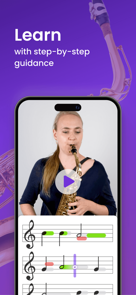 Learn Saxophone - tonestro - Tonestro app interface showing a saxophone video lesson with interactive sheet music feedback