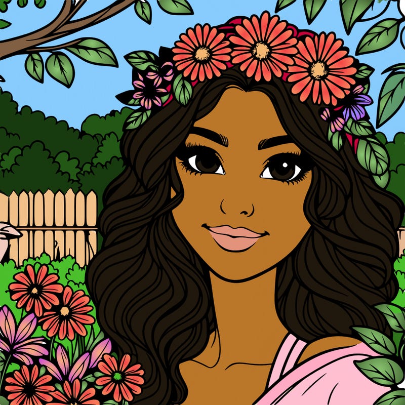 bold and clean realistic pretty face woman in garden